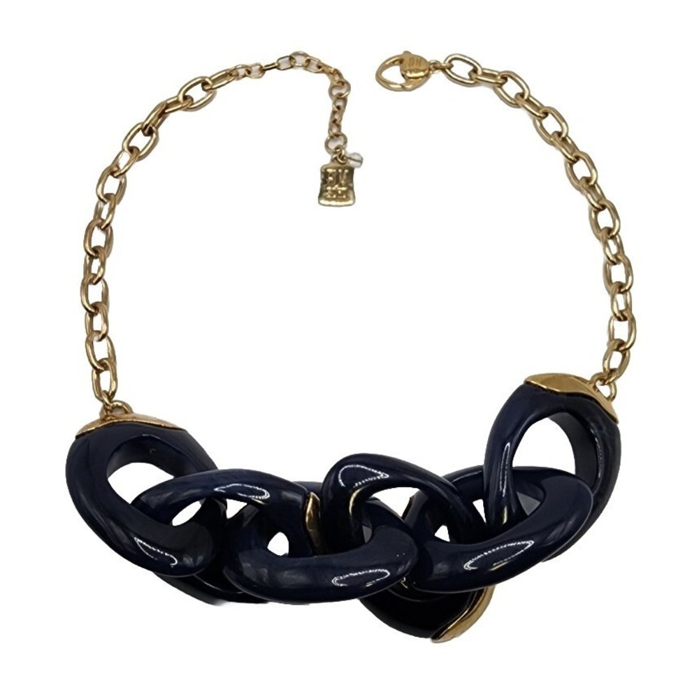 Robert Lee Morris RLM SOHO Gold Tone Navy Blue Link Chain Statement Necklace 20"